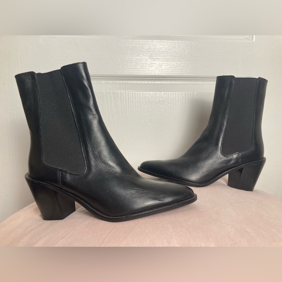 Zara Shoes Zara Black Leather Heeled Ankle Cowboy Bootssize 9
